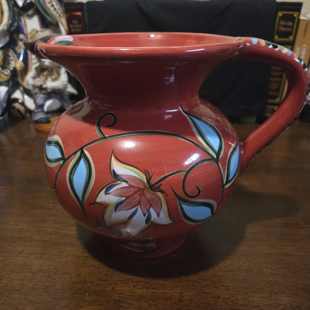 Handcrafted Red Floral Pitcher - Picture 3 of 8